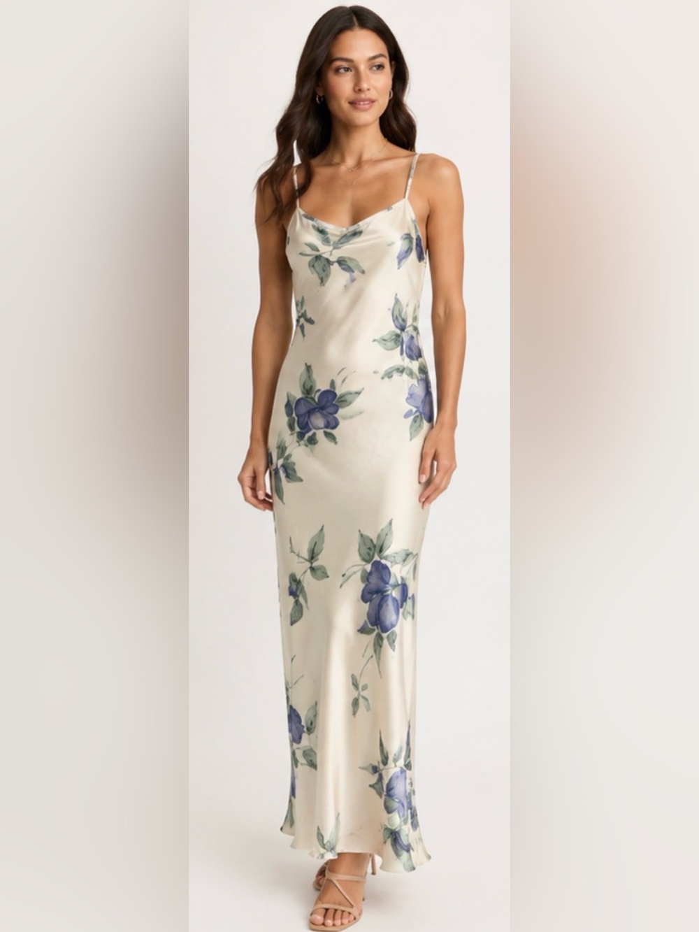 Halston Heritage Cream Maxi Slip Dress with Blue Floral Motif